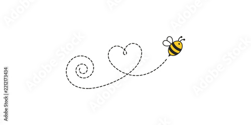 Flying bee illustration with dashed heart flight path for romantic nature designs and garden themed greeting cards.