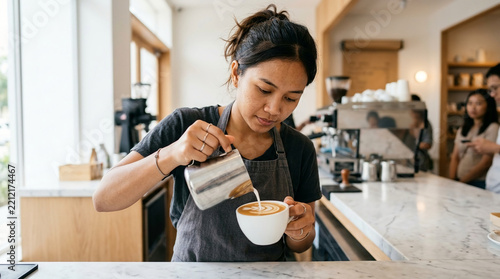 A focused Asian female barista skillfully pouring fresh steamed milk into a white coffee cup to create a heart pattern latte art in a cafe.