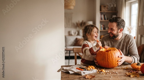 Family Carving Pumpkins Together at Home Wooden Table Natural Lighting with Copy Space for Halloween Holiday Seasonal Activities Celebration