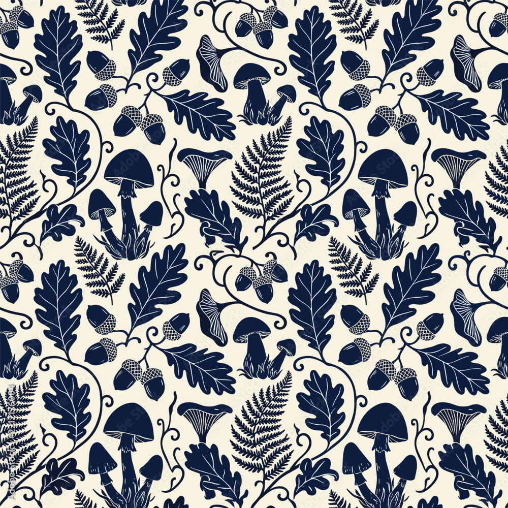 Fototapeta premium Seamless Vintage Woodland Botanical Pattern with Mushrooms, Oak Leaves, and Acorns in Navy Blue