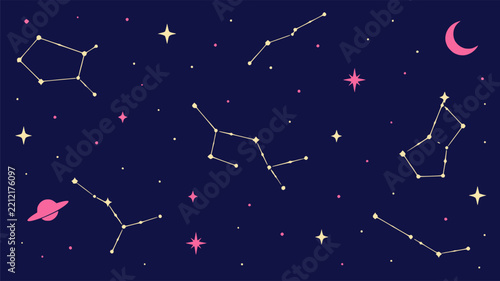 Constellation night sky vector illustration. Featuring cream star maps, pink crescent moon, ringed planet, and twinkling sparkles on dark navy background. Cute astronomy vector wallpaper.
