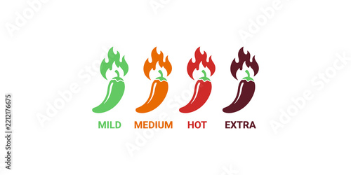 Fiery chili peppers in vibrant shades of green, orange, red, and extra dark red for indicating spice levels.