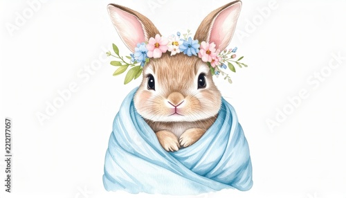 Easter bunny with flower crown watercolor illustration of baby rabbit wrapped in blue blanket for spring holiday greeting cards and nursery wall art