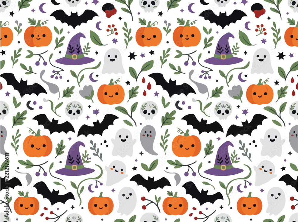 Fototapeta premium Seamless Halloween pattern with cute pumpkins ghosts bats and witch hats in flat vector style for festive wallpaper and textile design