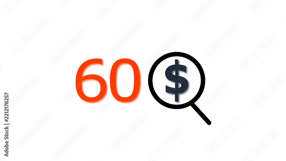 Fototapeta premium 60 dollar price tag with glass illustration. for e-commerce and financial marketing search discount