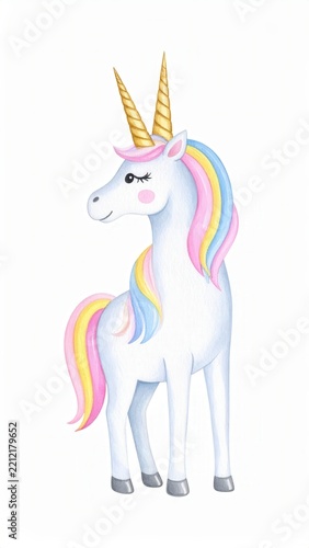 Unicorn character fantasy and magic concept watercolor style illustration of a mythical horse with rainbow mane and golden horn isolated on white background