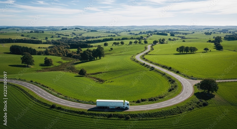 Fototapeta premium A truck travels along a winding road through a vibrant green landscape.