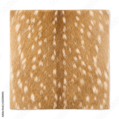 Square Fawn Fur Material Sample with Cream Spots Flat Lay Top View Isolated on White