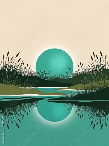 Minimalist Nature Landscape Illustration with Teal Sun Reflection in Calm Water and Grass Silhouettes