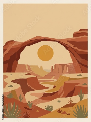 Minimalist Desert Landscape Illustration with Rock Arch and Sun in Warm Earth Tones for Modern Home Decor