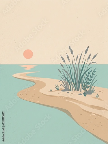 Minimalist Beach Sunset Illustration with Winding Sand Path and Coastal Reeds in Retro Flat Art Style