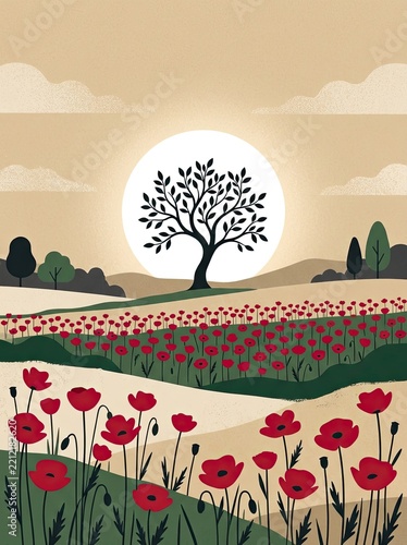 Minimalist Landscape Illustration of a Poppy Field with a Tree Silhouette and Large Sun at Sunset