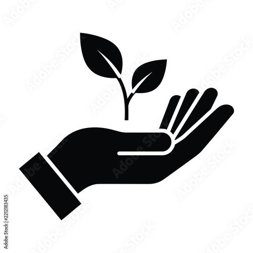 Hand holding a small sprout icon representing eco-friendly sustainability growth