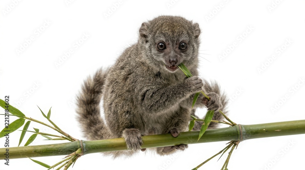Fototapeta premium Small gray mouse lemur sitting on a thin green bamboo branch on a white background with small primate wild animal cute lemur primate wildlife endangered species madagascar fauna tropical animal