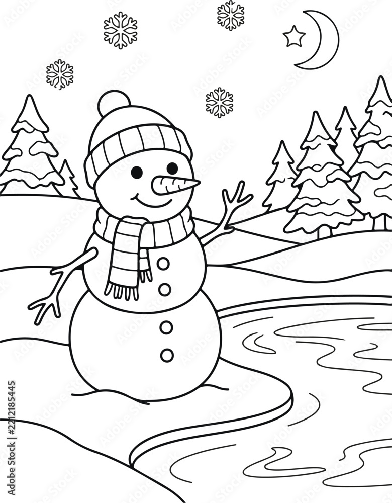 Fototapeta premium Cute snowman coloring page for kids with winter landscape, trees, and falling snowflakes