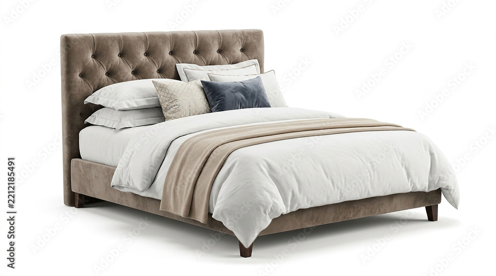 Fototapeta premium A modern upholstered bed with a tufted headboard and white bedding on a white background