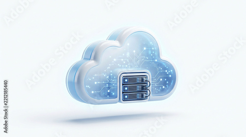A 3d rendered cloud storage icon featuring server racks connected by glowing digital circuit lines with linked illuminated digital clean white background
