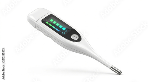 A white digital electronic thermometer with a glowing green display screen isolated on white background with indicators power button modern white