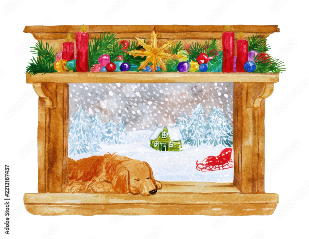 Fototapeta premium PNG Watercolor Christmas fireplace with sleeping bear and snowy landscape