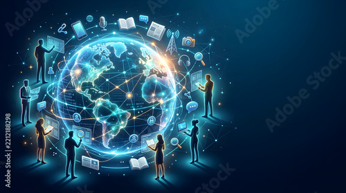 Global digital network with people interacting with data and technology icons.