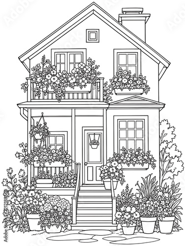 Flower Filled Townhouse Coloring Page Line Art