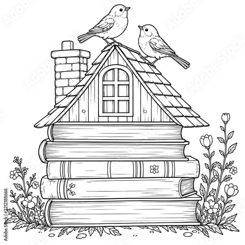 Stacked Books with Cottage Roof and Birds Coloring Page