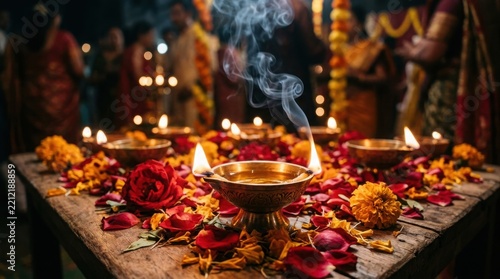 Traditional oil lamps burning with smoke and flower decorations burning diya festival lights traditional ceremony flower petals diwali festival cultural event smoke rising hindu festival