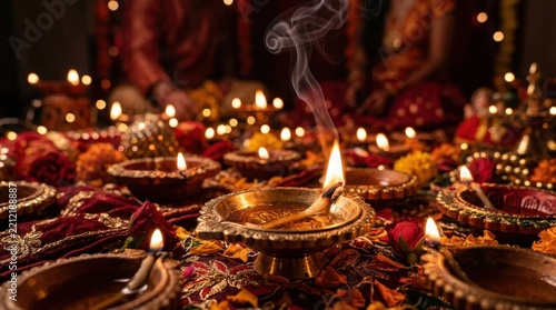 Traditional clay diya lamps burning with incense smoke for diwali celebration oil lamp festival tradition celebration religious ceremony blessing spiritual meditation background earthenware