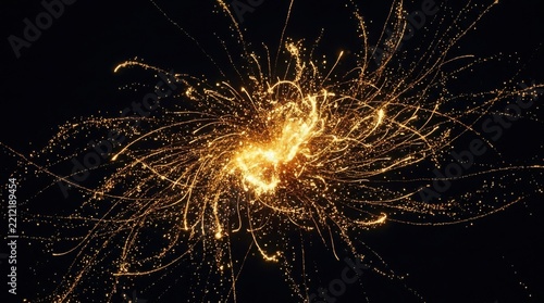 Explosion of golden light streams and dynamic particle trails bursting in the dark with golden burst particle trail energy blast glowing fireworks dynamic sparks abstract explosion light rays