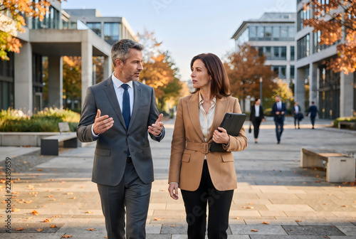 Professionals discussing outdoors in modern neighborhood