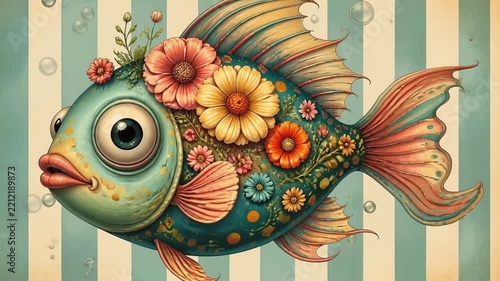 surreal fantasy cartoon fish with flowers on striped background motion