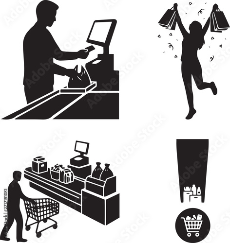 Supermarket cashier checkout card payment happy shopping woman cart line solid icon set illustration