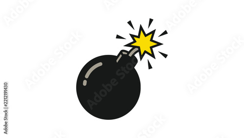 Black bomb vector illustration with glowing yellow fuse and explosive spark design element