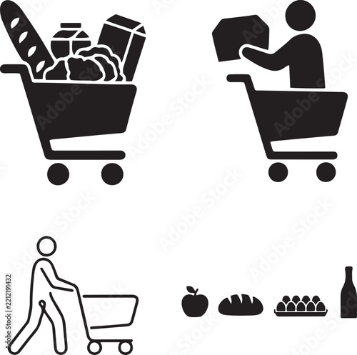 PrintSupermarket grocery shopping cart trolley person putting item fresh food items solid icon set illustration