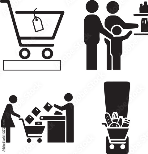 Shopping cart price tag family shopping store shelf cashier checkout conveyor belt solid icon set illustration