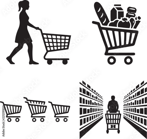 Woman pushing shopping cart grocery trolley supermarket aisle retail store solid icon set illustration