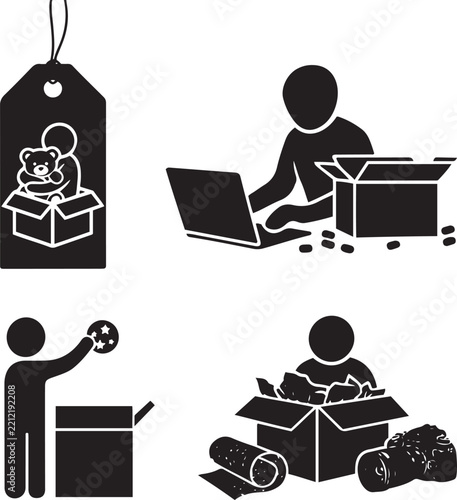 Teddy bear price tag laptop packaging packing peanuts ball box unboxing camera solid icon set illustration