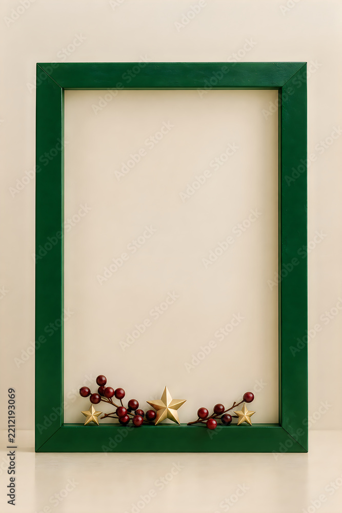 Fototapeta premium A festive green picture frame with holiday decorations wishing everyone a very happy christmas season this year
