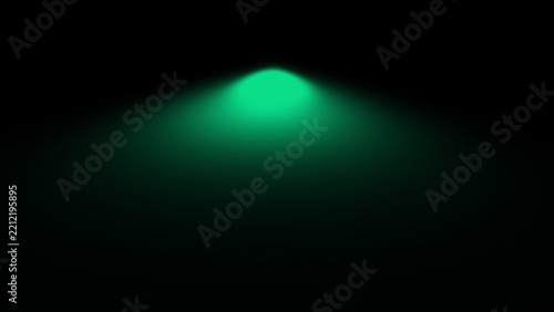 Bright glowing green light beam shining down from above in total darkness creating a soft circular spot on the floor with a mysterious atmosphere and a vibrant neon color effect for artistic projects