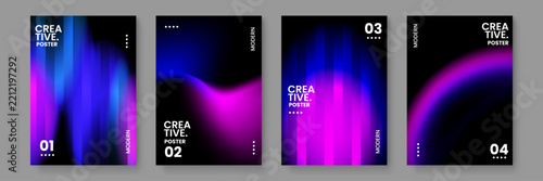Creative poster set featuring purple and blue vertical light stripes and wavy fluid shapes on a black background