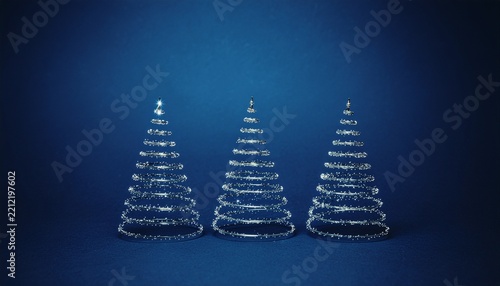 Three sparkling Christmas trees with a blue background creating a festive and magical atmosphere