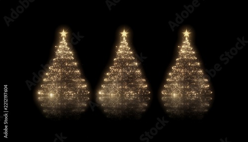 Three beautifully lit Christmas trees with star tops glowing brightly on a dark background