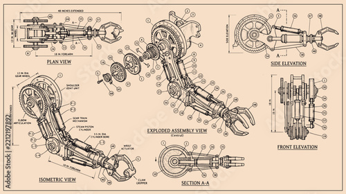 Steampunk mechanical arm blueprint, vintage robotic assembly technical drawing, industrial engineering schematic on parchment