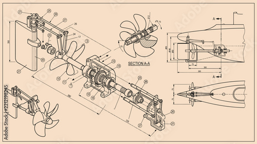 Vintage technical blueprint of marine propeller assembly, industrial engineering schematic on sepia paper, mechanical boat engine vector