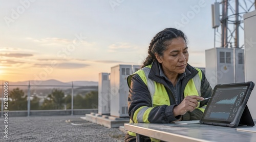 Engineer Using Digital Tablet at Telecommunications Site at Sunset