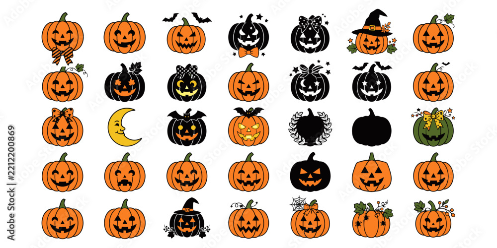 Obraz premium Collection of diverse watercolor jack o lanterns for halloween designs and autumn celebrations