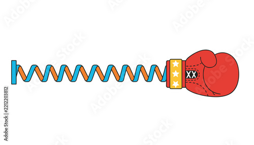 Red boxing glove is extended on a long blue and orange coiled spring to illustrate a surprise attack or gag.
