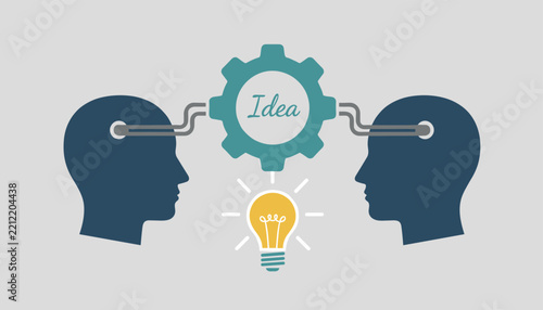 Conceptual image showing two heads connected to a gear and a glowing lightbulb for creative brainstorming and shared problem solving.