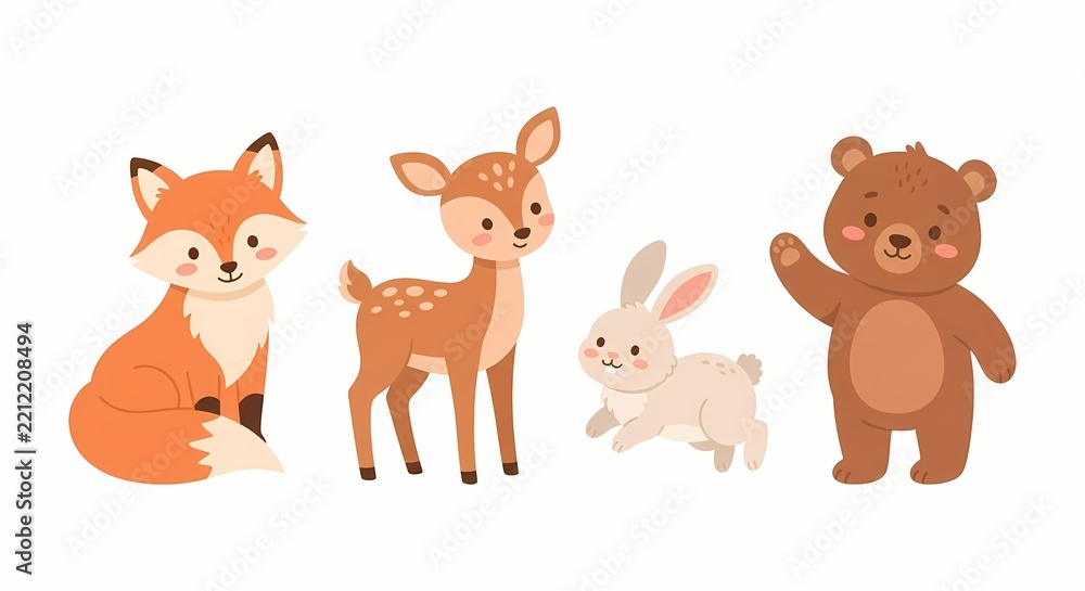 Fototapeta premium Cute Woodland Animals Set, Fox Deer Rabbit and Bear Vector Illustration.