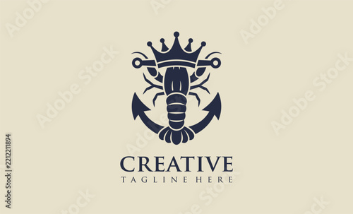 A vintage nautical logo featuring a crowned lobster centered over a classic anchor